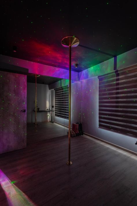 Diy Dance Studio At Home, Pole Dance Room In House, Pole Room Ideas, Bestie Apartment, Dance Room Decor, Gym Interiors, Dark Homes, Pole Room, Pole Studio