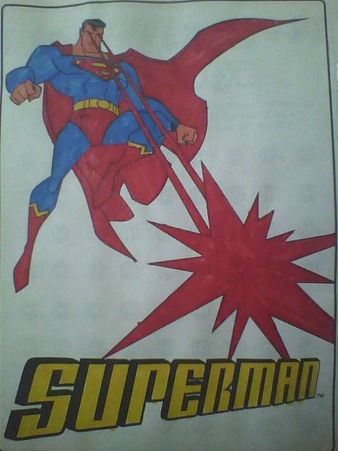 This is a picture of Superman shooting a lasers from his eyes making a huge impact on whatever & also the word Superman at the bottom. This took me about 30 minutes to color Superman Laser Eyes, Superman Shot, Laser Eyes, Laser Eye, Eye Make, His Eyes, To Color, 30 Minutes, Superman