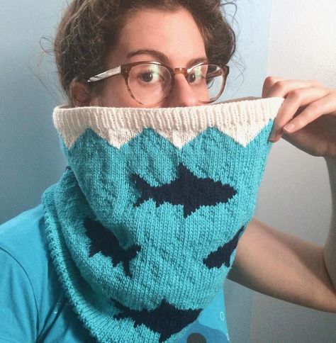 Knit a 'Sharkney Cowl' The Perfect Accessory For Shark Week and Beyond! #knitting #knit #shark #sharks #sharkweek #handmade #diy Knit Cowl Pattern, Colorwork Knitting Patterns, Man Eating, Colorwork Chart, Intarsia Knitting, Shark Pattern, Colorwork Knitting, Fall Knitting, Blanket Ideas