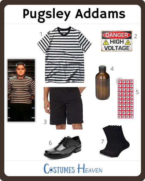 Diy Pugsley Addams Costume, Addams Family Cosplay, Thing Costume Addams Family, Pugsly Addams Costume, Diy Adams Family Costume, Addams Family Costume Group, The Adams Family Costumes, Wensday Adams Costume Ideas, Adams Family Halloween Costumes