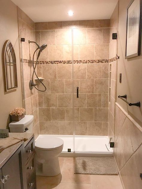 Modern Bathroom With Tan Tile, Cream And Tan Bathroom Ideas, Tan Tile Shower Bathroom, Tan Tiled Bathrooms, Bathroom Tile Brown And Cream, Bathrooms With Cream Tile, Beige And Brown Shower Tile Ideas, Bathroom With Tan Shower Tile, Small Bathroom Ideas Beige Tiles