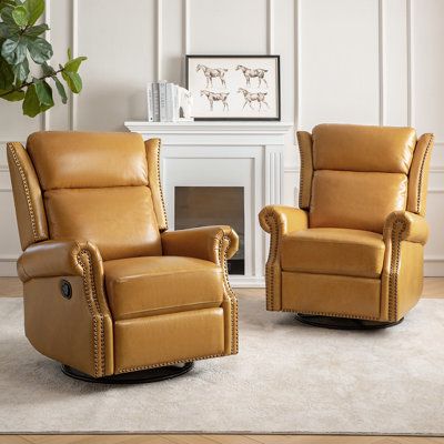 This genuine leather recliner set of 2 is a suitable addition to your living room or bedroom, offering both style and comfort. Crafted from premium waxed leather, this traditional-style manual recliner set exudes classic elegance. The genuine leather finish is complemented by rolled arms and vintage nailhead trims, adding a touch of sophistication to your home decor. Designed for relaxation, this recliner set features a swivel and rocking function, allowing you to move effortlessly and find a co Swivel Glider Recliner, Leather Recliner Chair, Glider Recliner, Swivel Glider, Leather Recliner, Classic Decor, Mid Century Modern Style, Living Room Seating, Nailhead Trim