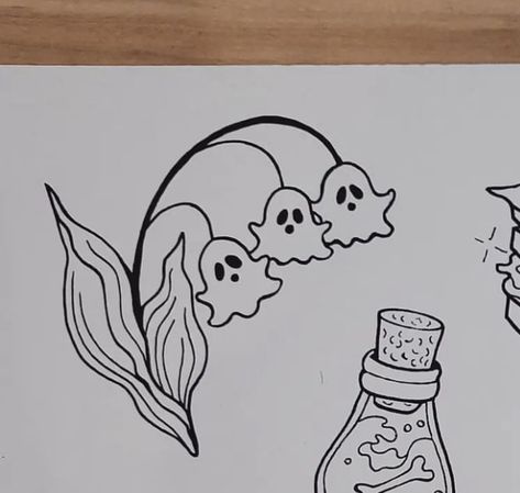 Funny Spooky Tattoos, Ghost Flower Drawing, Flash Ghost Tattoo, Ghost Flash Art, Fall Halloween Tattoos, Spooky Food Drawing, Pumpkin Sketch Simple, Cute Spooky Doodles, Small Ghost Tattoo Simple