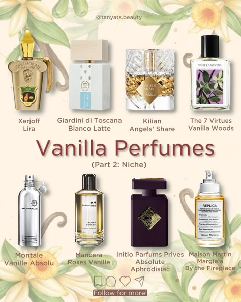 The universe of vanilla perfumes is endless. These scents are usually the most crowd-pleasing and often become hits. Recently, I’ve started a series of posts about vanilla fragrances, and this time, it’s the turn of the niche perfumes. Of course, there are thousands of niche vanilla perfumes, but I picked 8 that are the most trending or easiest to like. You should definitely test them if you like vanilla: ▫️ Xerjoff Lira — a gourmand vanilla with citrusy notes. Probably my personal favorite... Vanilla Incense Meaning, Vanilla Woods The 7 Virtues, Absolute Aphrodisiac, Mancera Roses Vanille, Roses Vanille, The 7 Virtues, Vanilla Perfumes, Niche Fragrances, Gourmand Perfume