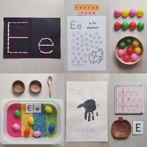 Tot School with OSH on Instagram: “Letter of the Week - Letter E . 1. Touch and feel letter Ee 2. Letter Ee coloured rice sensory bin 3. Letter Ee recognition 4. Handprint…” Letter E Sensory Bin Ideas, Letter E Recognition Activities, Letter E Sensory Bin, Letter E Activities For Preschool, Rice Sensory Bin, Letter E Activities, Letter E Craft, Coloured Rice, Sensory Bag