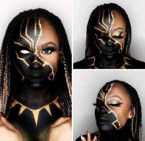 Black And Gold Face Paint, African Halloween Costumes, African Goddess Makeup, Black Panther Makeup Ideas, Full Face Makeup Looks Creative, Wakanda Makeup Ideas, Juneteenth Makeup Looks, Black Panther Face Paint, African Makeup Ideas