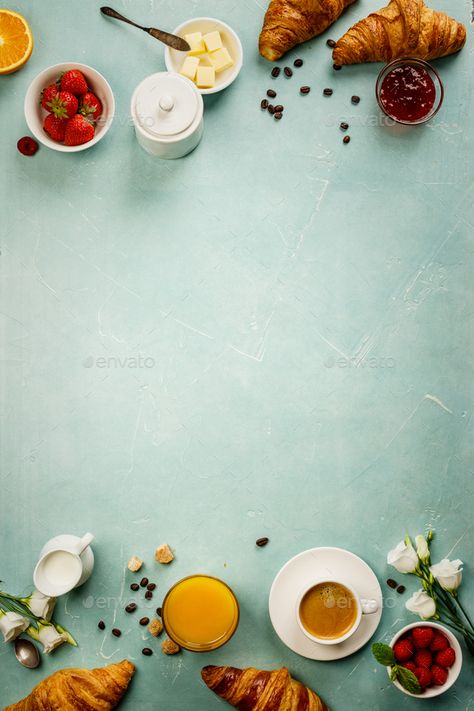 Continental breakfast on blue background captured from above by klenova. Continental breakfast captured from above top view, flat lay . Coffee, orange juice, croissants, jam, berry, milk and... #Affiliate #klenova, #captured, #view, #top Brunch Background Wallpapers, Breakfast Background Wallpapers, Food And Beverage Background, Brunch Wallpaper, Lunch Background, Breakfast Background, Breakfast Wallpaper, Healthy Food Background, Cupcake Poster