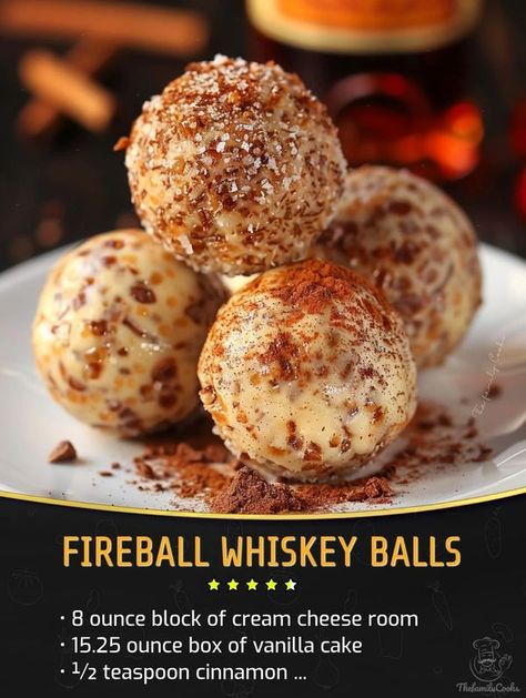 Whiskey Cake Pops, Fireball Whiskey Balls No Bake, Recipes Using Fireball Whiskey, Fireball Cookies Recipe, Fireball Whiskey Cookies, Boozy Cake Balls, Recipes With Fireball Whiskey, Fireball Balls Recipe, Fireball Cake Balls