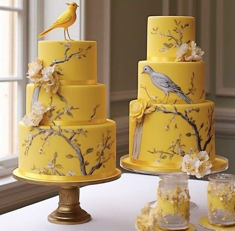 Fancy Cake Ideas, Chinoiserie Cake, Yellow Wedding Cake, Cake Yellow, Cube Cake, Brisbane Wedding, Bird Cake, Impressive Desserts, Beautiful Cake Designs