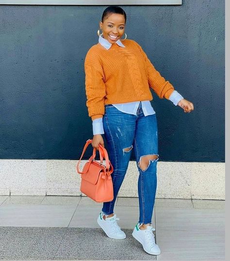 Baret Outfit, Curvy Casual Outfits, Meagan Good, Fashionable Work Outfit, Cute Work Outfits, Cute Outfits With Jeans, Plus Size Spring, Orange Sweater, Stylish Work Attire