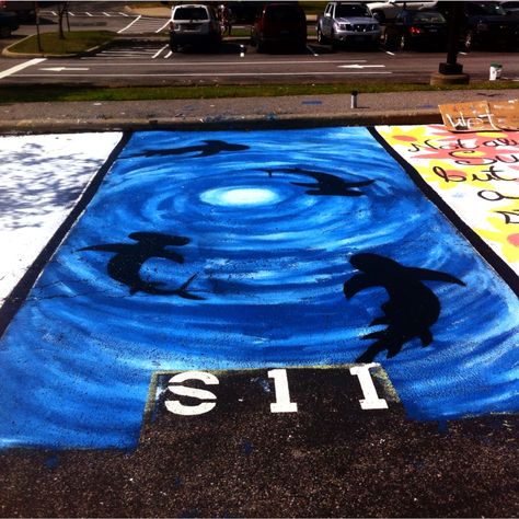 #seniorparkingspot #seniorparking #sharks #parkingspot #paintedparkingspot Dinosaur Parking Spot, Shark Senior Parking Spot, Dinosaur Parking Spot Painting, Boys Painted Parking Spots, Shark Parking Spot Painting, Parking Spot Painting Junior, Parking Spot Painting, Parking Spot, Senior Year