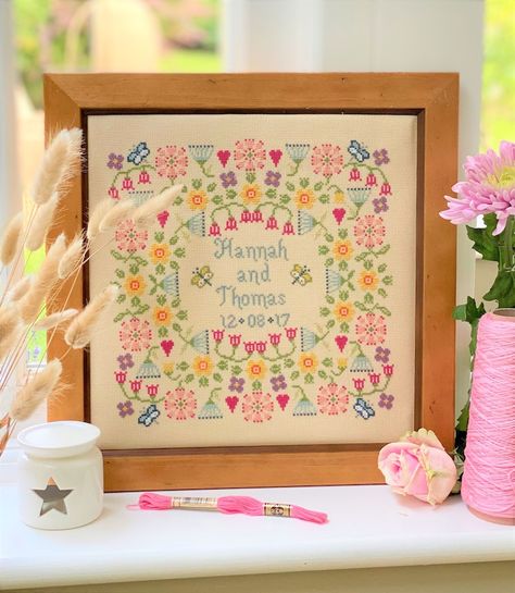 Flower Wedding Cross Stitch Downloadable PDF - Etsy Wedding Sampler Cross Stitch, Birth Cross Stitch, Wedding Sampler, Birth Sampler, Wedding Cross Stitch Patterns, Love Birds Wedding, Wedding Cross Stitch, Spring Colours, Wedding Cross