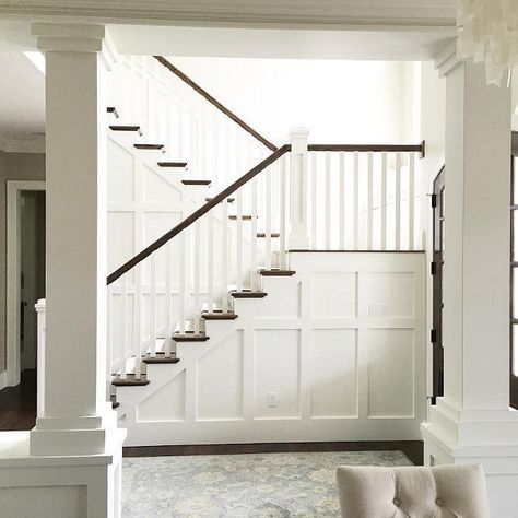 Stairway paneling, wainscotting. Side of stairway paneling, wainscoting… Board And Batten Stairway, Entry Paneling, Wainscoting Ideas Bedroom, Craftsman Board And Batten, Stair Entry, Stairway Wainscoting, Framed Wallpaper Panels, Wainscoting Staircase, Stairwell Ideas