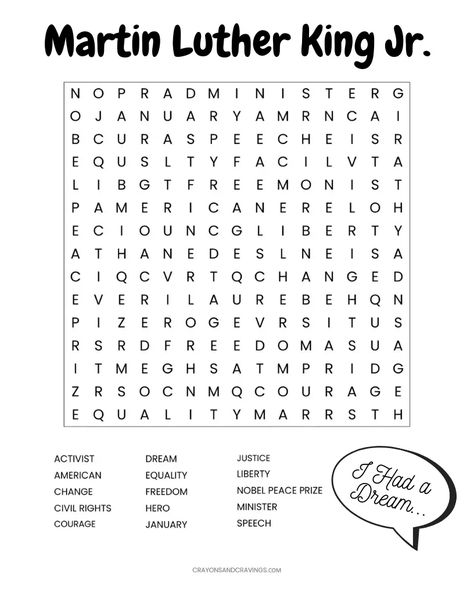 Martin Luther King Jr Worksheets, Martin Luther King Worksheets, Martin Luther King Jr Activities, Free Printable Word Searches, Kindergarten Addition Worksheets, Mlk Day, Word Search Printables, Winter Words, Free Kindergarten Worksheets