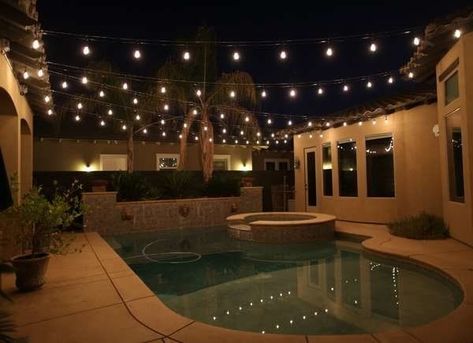 Hang string lights over pool idea. | 13 Breathtaking Ideas for Backyard String Lights Lanai Lighting, Pool Canopy, Backyard String Lights, String Lighting, Diy String Lights, Hanging String Lights, Christmas House Lights, Lights Ideas, Patio String Lights