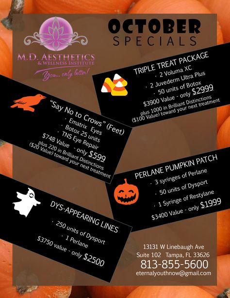 Awesome October anti-aging specials at MD Aesthetics & Wellness Institute. No tricks here, only treats! #botox #juvederm #dysport #perlane #restylane Botox Specials, Botox Clinic, Med Spa Marketing, Discover Aesthetic, Wellness Ideas, Spa Specials, Spa Marketing, Spa Room Decor, Spa Ideas