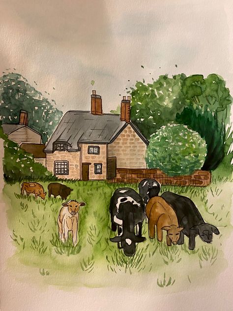 Cottage Core Watercolor, Cottage Sketch, Cottagecore Watercolor, Cottagecore Animals, Watercolor Cottage, Cottage Core Art, House Wallpaper, Cottage Art, Cottage House