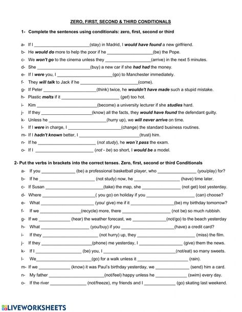 If Conditional Worksheet, First Second Third Worksheet, Conditional Sentences Worksheets, Conditionals Grammar, Conditional Sentences, English Grammar Exercises, English Teaching Materials, Grammar Exercises, Types Of Sentences