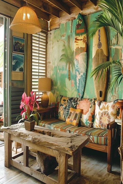 Surf Shack Living Room, Shack Living, Surf Style Home, Surf Room Decor, Surf Room, Beach Themed Bedroom, Beachy Room, Tiki Lounge, Box Truck