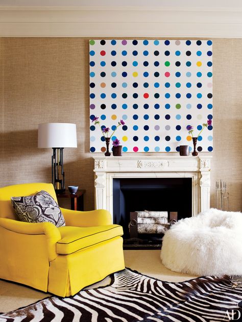 8 Homes Showcasing Damien Hirst Paintings Photos | Architectural Digest Damien Hirst Paintings, Art Fireplace, Yellow Chair, Manhattan Apartment, New York City Apartment, Oversized Art, Damien Hirst, City Apartment, Polka Dot Design