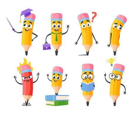 School Elements, Cartoon Pencil, Text Background, Cute Stationary, Vector Character, School Stationery, Read Book, Vector Photo, Premium Vector