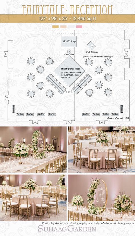 This Enchanting Reception Floor Plan inspiration features a 24 x 24 dance floor accented with two Estate Tables seating 24 guests, and 14 rounds tables seating 10 guests. The Estate Tables were decorated using Large Gold Floral Circle Centerpieces with Glass Globes while the Round Tables held Gold Candlesticks with Floral. ------------ #decorbysuhaaggarden #suhaaggarden #stylingwithjilna #floridaweddings #luxuryreception #bigfatindianweddings #weddinngphotography #receptionfloorpplan #florida Wedding Table Layouts Floor Plans, Reception Table Layout, Wedding Reception Tables Layout, Wedding Floor Plan, Wedding Table Layouts, Wedding Reception Layout, Reception Layout, Table Arrangements Wedding, Wedding Hall