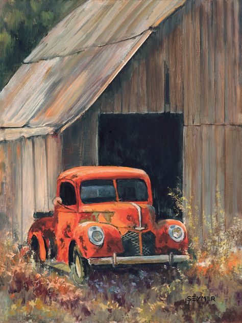 Old car painting for farm decor. It is a Ford pickup red car in a barn painting perfect for farm decor, rustic decor, or vintage truck decor. 🍁 DETAILS: ● This is an ORIGINAL OIL PAINTING on a wood panel. ● Title: 'Time marches on'. ● 100 % hand painted, not a print. ● It is PAINTED TO ORDER in the chosen dimensions. * Your painting will be a very similar but unique recreation of the original design, the one in the pictures. ● FRAMED (3 frame colors to choose from: brown, black or white). * It Vintage Truck Decor, Shroom Art, Farm Wall Decor, Truck Decor, Barn Pictures, Farm Paintings, Barn Painting, Barn Art, Old Pickup