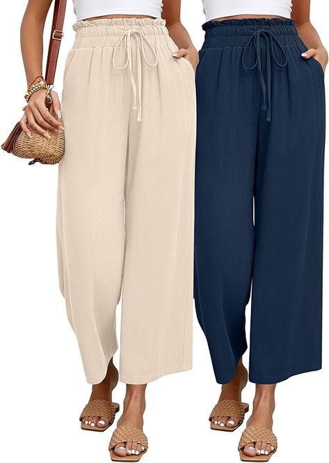 Riyiper 2 Pcs Women's Wide Leg Pants, Casual Linen High Waisted Cropped Trousers with Pockets Drawstring Loose Palazzo Pants at Amazon Women’s Clothing store Wide Leg Pants Casual, Womens Wide Leg Pants, Vacation Wear, Pants Casual, Cropped Trousers, Palazzo Pants, Amazon Women, Leg Pants, Wide Leg Pants