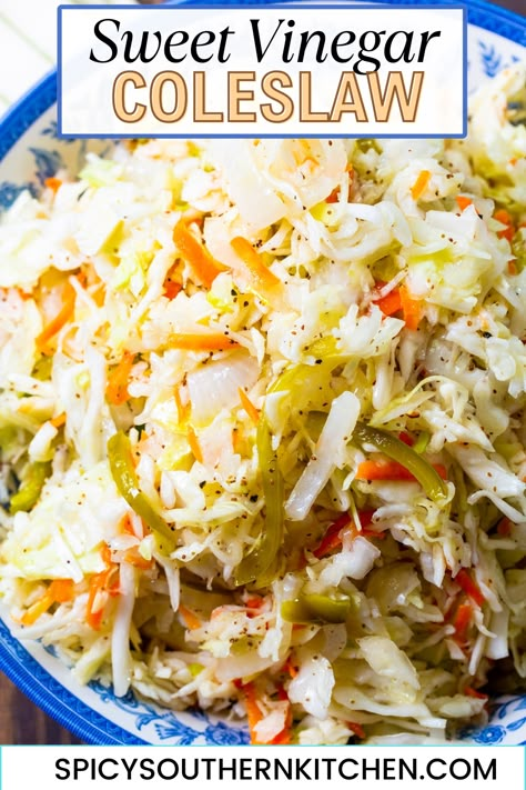 Sweet Vinegar Coleslaw is a sweet and tangy non-mayo based coleslaw that makes a great addition to any bbq or picnic. I think it is my very favorite coleslaw recipe. It has a pickled taste to it which I love. Bbq Slaw Recipe Vinegar, Pickled Slaw Recipes, Slaw Dressing Recipe Vinegar, Sides To Go With Bbq Chicken, Indian Coleslaw, Coleslaw Recipe Vinegar, Coleslaw Vinegar, Cole Slaw Recipe Vinegar Mayo, Cole Slaw Bag Mix Recipes