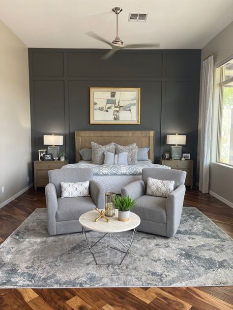 Gauntlet Gray Accent Wall Master Bedrooms, Dark Focal Wall Bedroom, Charcoal Master Bedrooms Decor, Board And Batten Wall Iron Ore, Charcoal Bedroom Accent Wall, Iron Ore Master Accent Wall, Charcoal Feature Wall Bedroom, Sw Peppercorn Accent Wall Bedroom, Peppercorn Bedroom Accent Wall