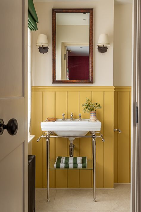 bathroom panelling yellow traditional vanity mirror wall lights soane fabric Bathroom Paneling, Downstairs Toilet, Cottage Bathroom, Wall Panelling, Small Toilet, Yellow Bathrooms, Gorgeous Bathroom, Downstairs Bathroom, Small Bathroom Ideas