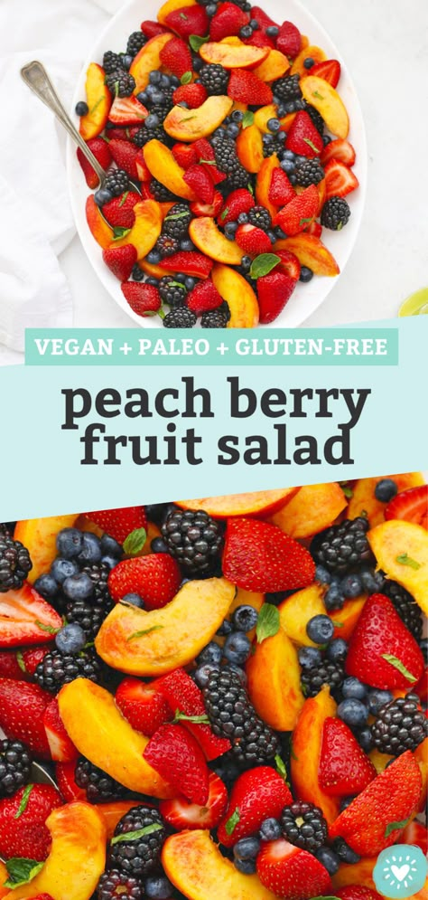 Peach Berry Fruit Salad - This summer fruit salad uses the BEST combination of fresh peaches and berries with a bright, tangy dressing to make a beautiful side dish everyone will love! (Paleo or Vegan) // Peach Fruit Salad Recipe // Summer Fruit Salad Recipe // BBQ Side Dish // Side Salad #paleo #vegan #fruitsalad #peach #berry Nectarine Fruit Salad, Peach Fruit Salad, Summer Fruit Salad Recipe, Summer Fruit Salad, Bbq Side Dish, Berry Fruit Salad, Best Baked Beans, Vegan Peach, Fruit Salad Recipe