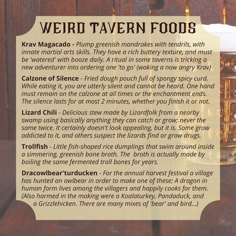 Dnd Menu Ideas, Fantasy Tavern Names, Tavern Food Ideas, Dnd Tavern Ideas, Dnd Tavern Names, Fantasy Tavern Food, Dnd Food Ideas, Dnd Tavern Meals, Tavern Menu Dnd