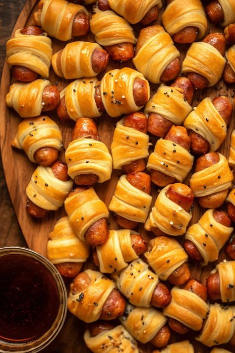 Crescent Roll Pigs In A Blanket, Pigs In A Blanket Crescent Rolls, Pig In A Blanket Recipe, Glazed Pigs In A Blanket, Pigs In A Blanket Recipe, Pig In A Blanket, Friday Food, Classic Appetizers, Catering Ideas Food