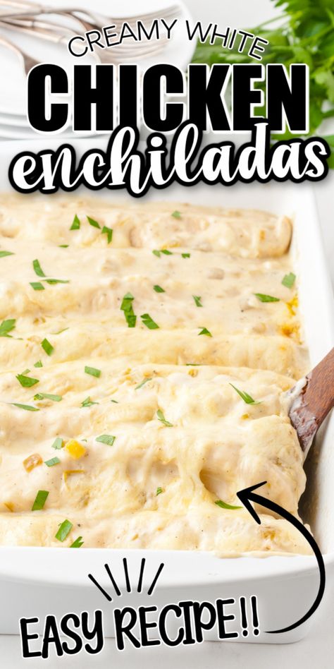 Easy White Chicken Enchiladas are made with flour tortillas, shredded chicken, mozzarella cheese, and a white creamy sauce. This simple casserole dish can be ready in just 40 minutes start to finish, which makes it an easy weeknight dinner. Hi Ken Enchiladas, Rostiserie Chicken Enchiladas, Chicken Flour Tortilla Casserole, Chicken And Flour Tortilla Recipes, Shredded Chicken Ideas Dinners, Recipe Using Shredded Chicken, Chicken Enchalidas Recipes, Beef Enchiladas With White Sauce, Easy White Chicken Enchiladas