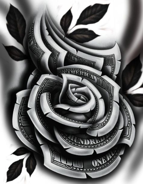 Dollar Rose Tattoo Design, 100 Dollar Bill Tattoo, Dollar Rose, Money Rose Tattoo, Portrait Tattoo Sleeve, Dollar Tattoo, Full Neck Tattoos, 30 Tattoo, Realistic Rose Tattoo