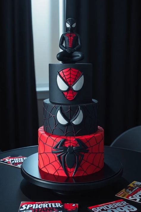 Explore 37 Spider-Man cake ideas perfect for superhero themed parties, featuring unique designs and tasty flavors. This pin highlights a Spider-Verse cake and more. Spin Spiderman Cake, Spider Man Wedding Cake, Spider Man Birthday Party Ideas Food, Spider Man Sweet 16, Spiderman Cupcakes Ideas, Spiderman Themed Food, Spider Man Cake Ideas, Spiderman Cake Birthday, Spiderman Food