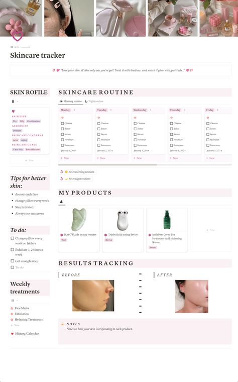 Skincare tracker | Aesthetic everyday planner | Notion template quarterlyplanner #holidaypartyplanner Tracker Aesthetic, Skincare Tracker, Pink Notion, Organisation Planner, Notion Library, Ios Widgets, Notion Inspo, Life Planner Organization, Etsy Planner