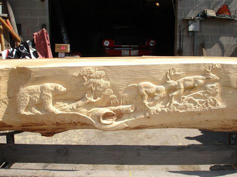 Log Rustic Fireplace Mantles Log Carving, Rustic Fireplace Mantle, Relief Wood Carving, Fireplace Mantle Ideas, Hand Carved Signs, Power Carving Tools, Carved Fireplace, Wood Sculpture Art, Hunting Themes