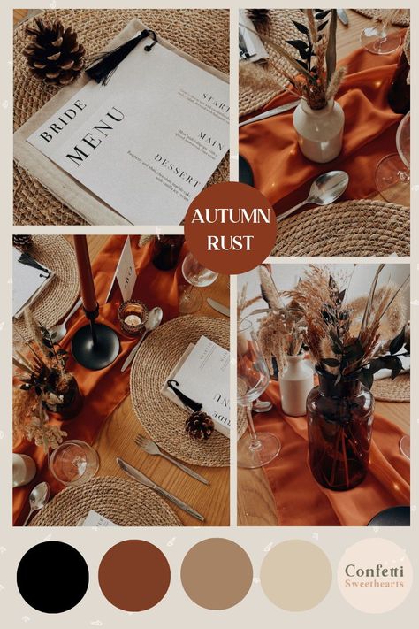 Autumn rust wedding inspiration with black decor, monochrome stationery and dried florals. If you love warm and cosy vibes head to the website for more ideas. #rustwedding #autumnweddingideas Rust Color Schemes Wedding, Rust And Rose Gold Wedding, Moody Terracotta Wedding, Black Ivory And Rust Wedding, Copper And Black Wedding Decor, Wedding Colours With Black, Black White Rust Color Palette, Black Gold Rust Wedding, Terracotta And Black Color Palette