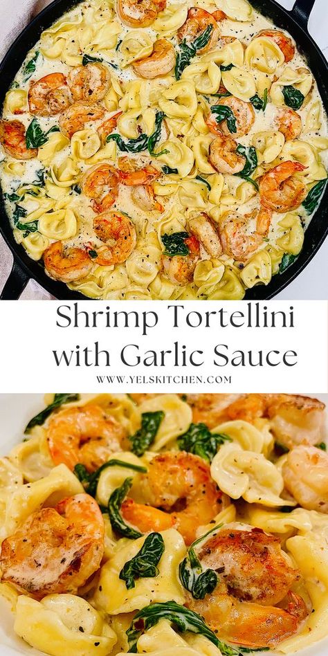 Shrimp Pesto Tortellini, Cream Spinach Tortellini Shrimp, Cheese Tortellini With Shrimp, Cajun Shrimp Tortellini, Creamed Spinach Tortellini With Shrimp, Scallop Tortellini Recipes, Shrimp And Chicken Tortellini, Ravioli Recipe With Shrimp, Tortellini Pasta Ideas