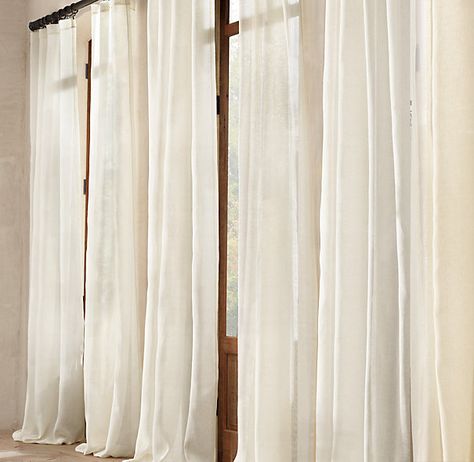 Alright people… See these drapes? They are beautiful right? Flowy, light, long, and perfect.  Of course they had better be for the  $129.99 PER PANEL at Restoration Hardware. I am going to let you in on a little secret,  you can make these same drapes for less than $15.00 for a SET of floor to … Muslin Curtains, Traditional Curtains, Homemade Curtains, Linen Drapery, Ikea Curtains, Cheap Curtains, Yellow Curtains, Burlap Curtains, No Sew Curtains