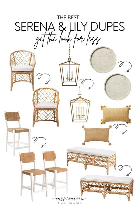 If Serena and Lily is not within your budget, let’s take their inspiration and re-create the Serena and Lily style for a fraction of the price with these awesome dupes! See the full post here > https://inspirationformoms.com/best-serena-and-lily-dupes/ Decorating Kitchen Counters, Serena And Lily Style, How To Decorate Kitchen Counters, Bone Inlay Table, Decorate Kitchen, Bone Inlay Tray, Rattan Counter Stools, Shaw Flooring, Counter Stools Backless