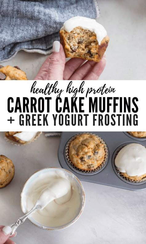 Gluten Free Carrot Cake Muffins, Muffins With Greek Yogurt, Greek Yogurt Frosting, Carrot Cake Frosting, Yogurt Frosting, High Protein Muffins, Gluten Free Carrot Cake, Carrot Cake Muffins, Healthy Carrot Cakes