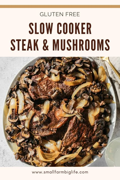 This easy recipe for slow cooker steak and mushrooms is made without soup. It is a gluten free, dairy free and keto friendly meat main dish. This is a healthy crockpot meal that uses round steak, fresh mushrooms and an onion. Keto Round Steak Recipes Crock Pot, Steak And Mushrooms Crockpot, Elk Round Steak Recipes Crock Pot, Paleo Round Steak Recipes, Crockpot Beef And Mushrooms, Slow Cooker Sirloin Steak Recipes, Keto Round Steak Recipe, Healthy Round Steak Recipes, Elk Round Steak Recipes