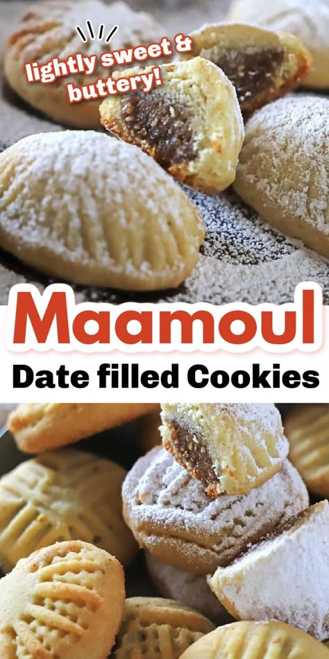 Mamool Cookies Dates, Lebanese Cookies Recipes, Mamool Cookies Recipe, Moroccan Cookies Recipe, Turkish Cookies Recipe, International Baking Recipes, Middle East Dessert, Moroccan Desserts Easy, African Cookies Recipes