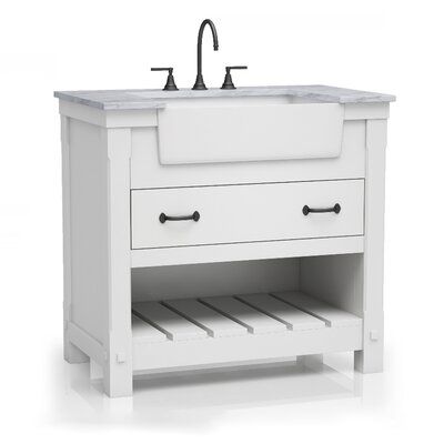 An instant classic, the popular modern farmhouse apron sink brings new life to your bathroom or powder room. The vanity will make your space a rustic retreat, with all the practicality and charm of cottage style, in an updated look. This unit is built in 100% solid wood, features accent hardware, and is capped in authentic Italian Carrara marble top. Base Finish: Soft White | Breakwater Bay Ruthe 37" Single Bathroom Vanity Set Wood/Marble Top in White, Size 34.5 H x 37.0 W x 22.0 D in | Wayfair Farmhouse Apron, Apron Sink, Cabinet Boxes, Modern Farmhouse Design, Farmhouse Apron Sink, Guest Bathrooms, Style Bathroom, Single Basin, Bathroom Reno