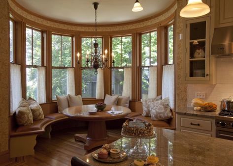 If I installed custom drapes, high-end upholstery and a smart chandelier, could I use a nook/booth idea in the bay window of the dining room, instead of the kitchen? Dining Room Booth, Bay Window Seat Ideas, Victorian Bay Window, Window Seating, Dining Room Victorian, Bay Window Seat, Victorian Renovation, Cafe Seating, Breakfast Nooks