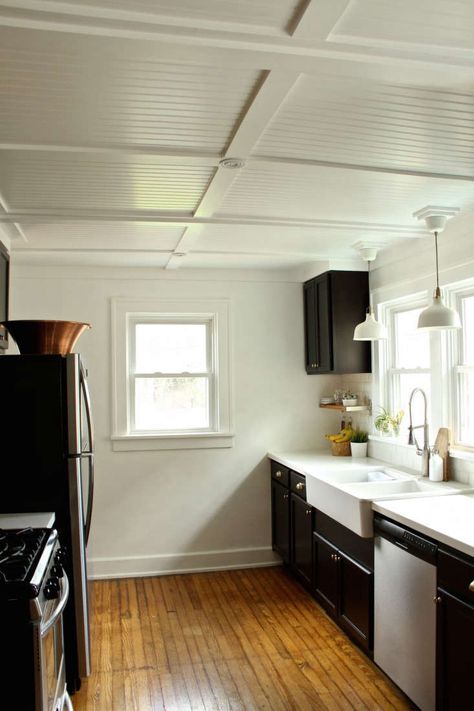 Beadboard Ceiling Kitchen, Stylish Basement, Wood Basement, Beadboard Kitchen, Diy Beadboard, Ceiling Remodel, Kitchen Ceiling Design, Ceiling Kitchen, Beadboard Ceiling