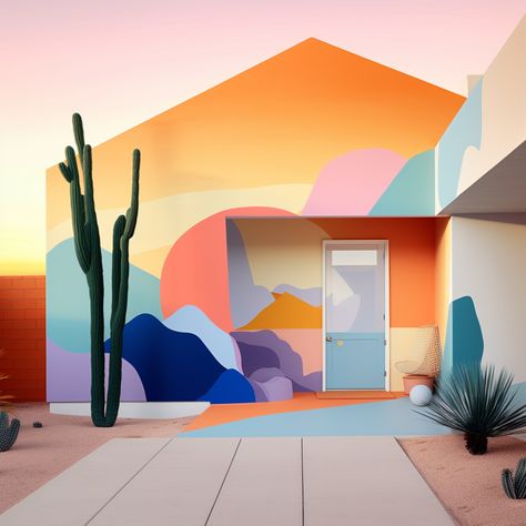 A beautifully rendered 3D architectural mural project. Set in the desert, looking for real-life homes. . . . mural, muralist, architecture, design, interior architecture, contemporary design, creative architecture, desert design, desert-dwelling, sight unseen, domino, architectural digest, design milk, dwell, luxe, dezeen Desert Design Interior, Mural House Exterior, Southwest Mural, Cactus Mural, Mural Outdoor, Desert Mural, Contemporary Mural, Shop Mural, Street Murals